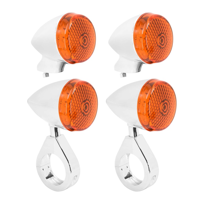 4pcs Front Rear LED Turn Signal Lights Fit 1.53″ or 1.61″ Fork For Harley Honda – Chrome Housing
