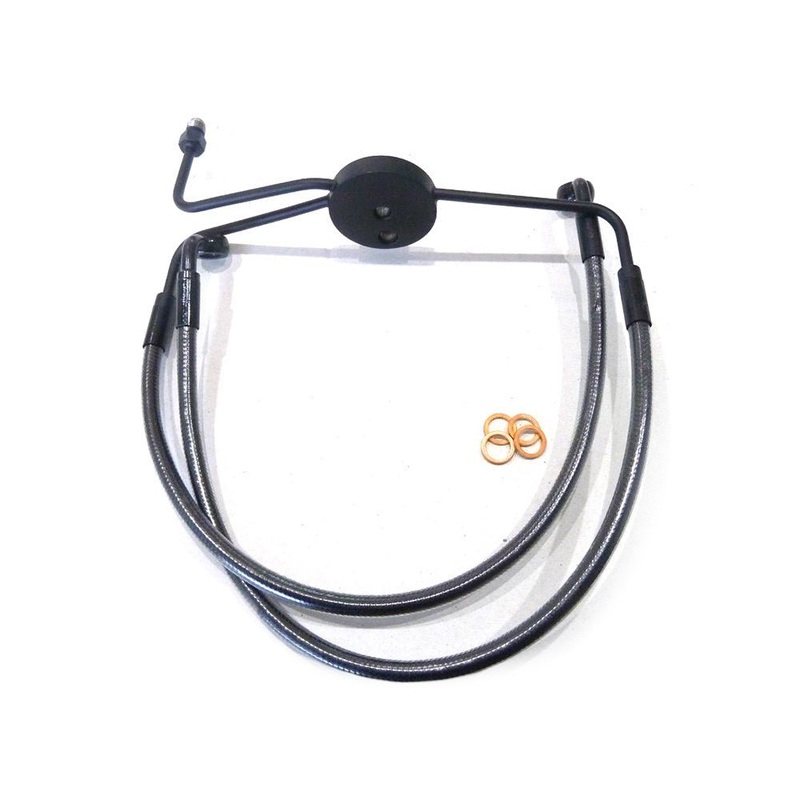Lower Front Brake Line with T-Piece – Black Pearl. Fits Dyna Fat Bob 2008-2011 with Non-ABS & Dual Front Disc Calipers.
