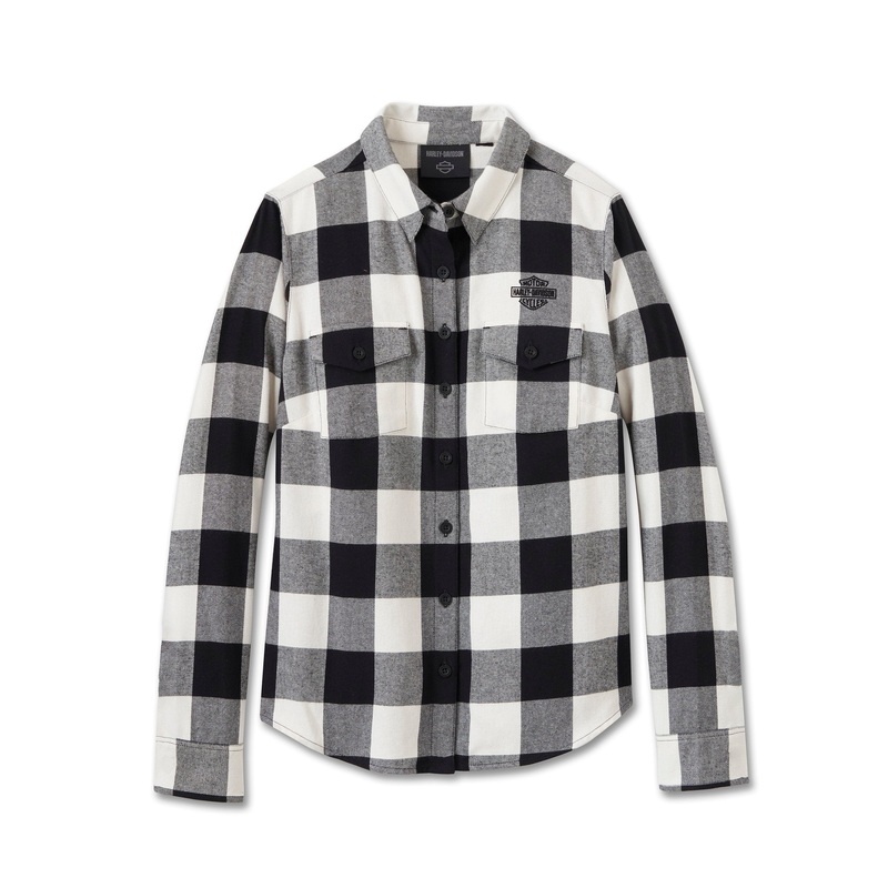 Genuine Harley-Davidson Women’s Retro Long Sleeve Flannel Shirt 96090-25VW – Plaid – Cloud Dancer & Harley Black