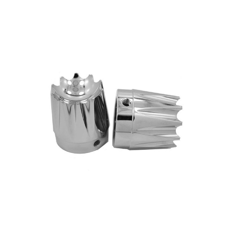 Excalibur Front Axle Caps – Chrome. Fits Softail, Dyna, Touring, Sportster, Street & V-Rod with 25mm Axle.