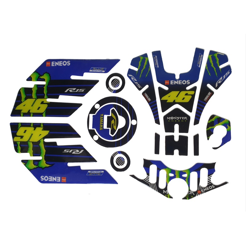 Yamaha R15 V3 Large Tank Pad Combo With Thigh/Knee Pad, T Plate, Ignition Lock Pad & Fork Top Sticker VR46 ME Theme Blue-Black