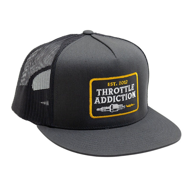 Throttle Addiction – 5 Panel Snap Back Hat – Spark Plug Patch – Gray