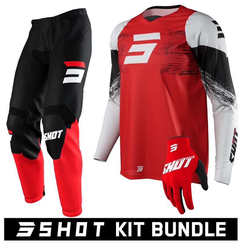 Shot RAW Burst Red Kit Bundle (Jersey: Small, Pants: 32” Waist, Gloves: Size 09)