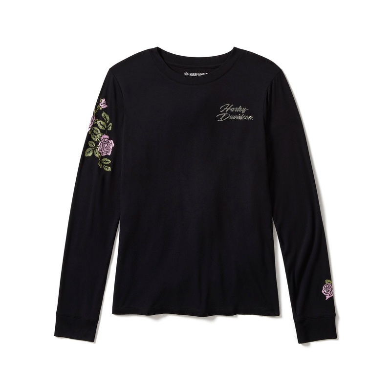 Genuine Harley-Davidson Women’s Rose & Thorn Bling Long Sleeve Top – Harley Black 96434-25VW