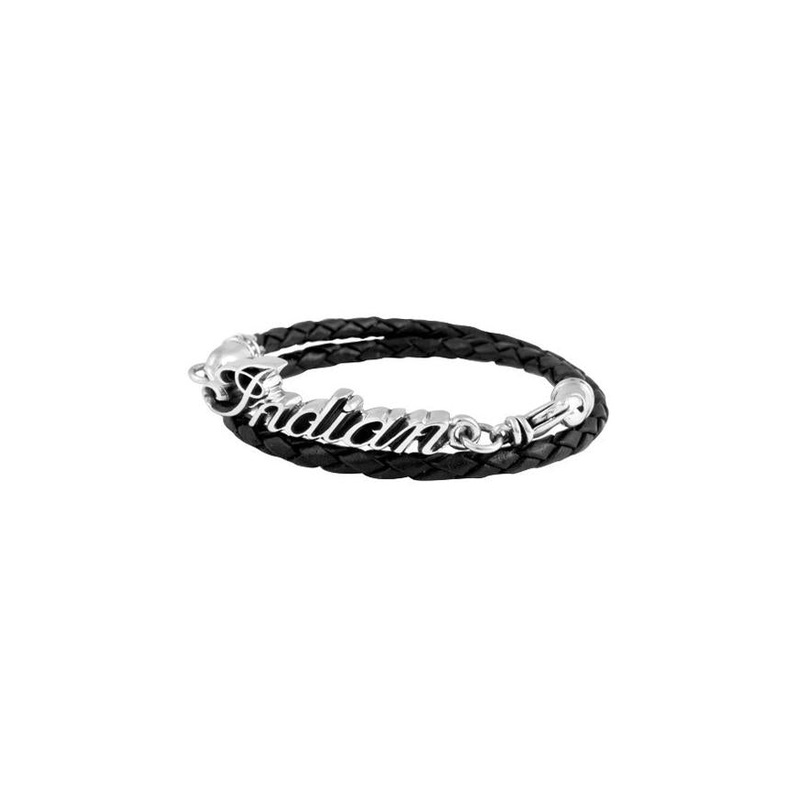 Thin Braided Black Leather Indian Script Logo Double Wrap Bracelet
