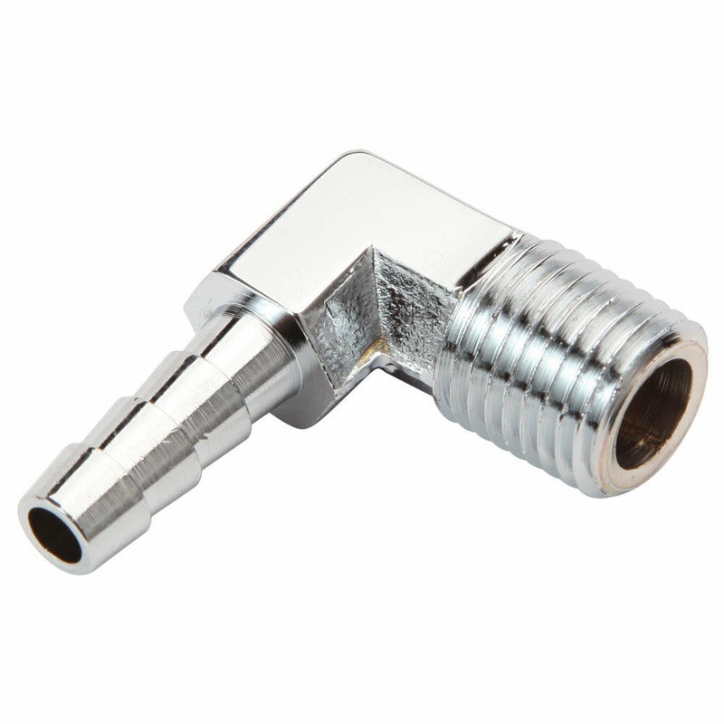 90 Deg 1/4 NPT x 1/4″ Hose Barb Fitting – Chrome