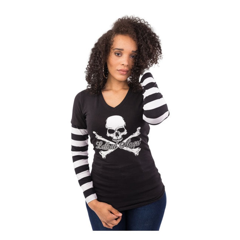 Lethal Threat Angel Bones ‘N Stripes Ladies Shirt Black White